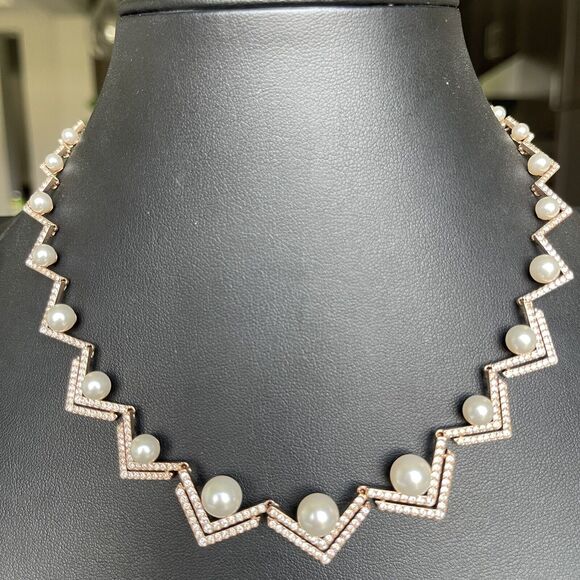 Swarovski Crystal EDIFY All Around Necklace Rose Gold Plated Pearl 16” Length - Picture 6 of 8